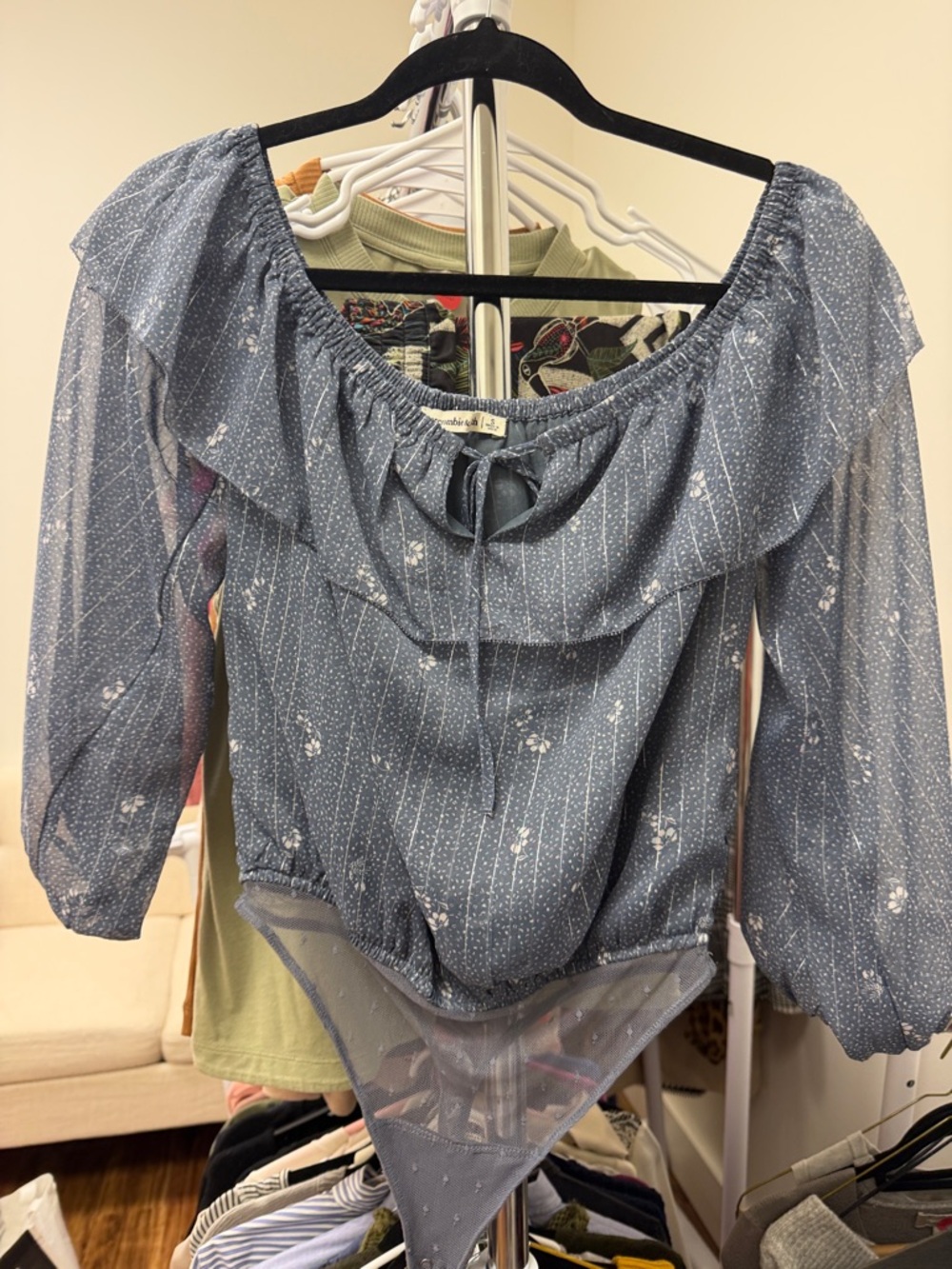 Abercrombie & Fitch Blue Floral Sheer Ruffle-Front Bodysuit